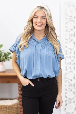 Dusty Blue Woven Shoulder Detail Top