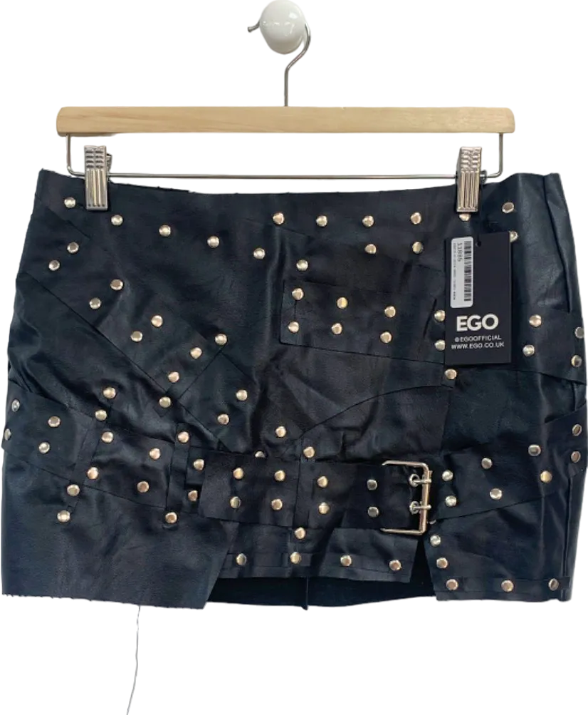 Ego Black Stud Detail Leather Mini Skirt UK 10