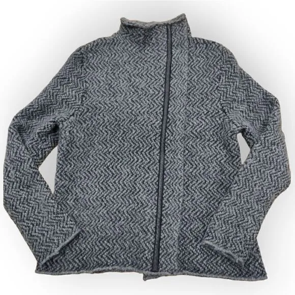 EILEEN FISHER Jacket Wool Alpaca Sweater Knit Moto Leather Trim Zip Gray PL
