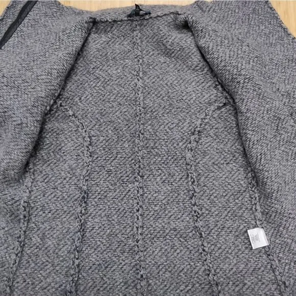 EILEEN FISHER Jacket Wool Alpaca Sweater Knit Moto Leather Trim Zip Gray PL