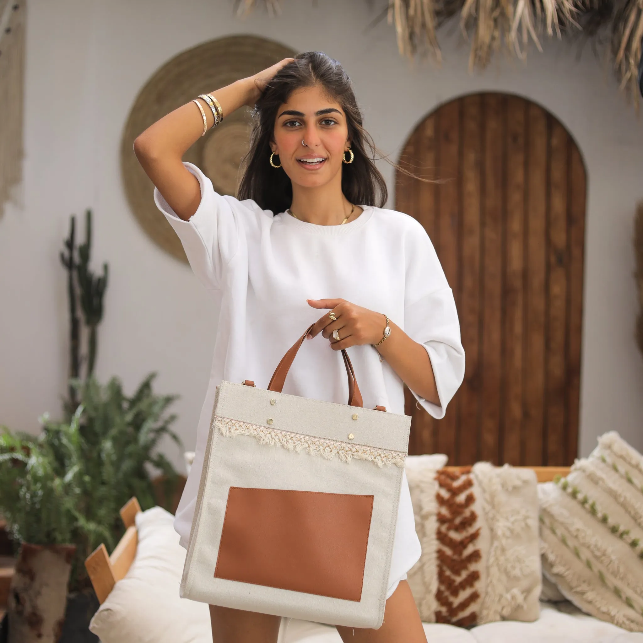 Elegant Beige and Brown Leather Tote Bag with Lace Trim