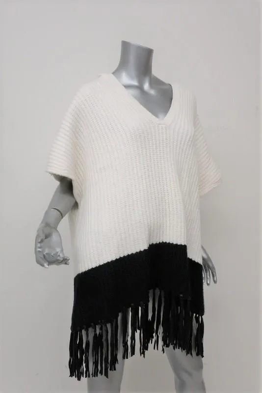 Elizabeth and James Leather-Fringe Hooded Cape Black/Ivory Size Medium/Large NEW