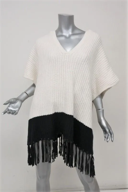 Elizabeth and James Leather-Fringe Hooded Cape Black/Ivory Size Medium/Large NEW