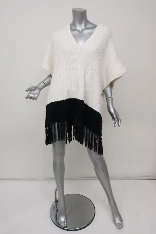 Elizabeth and James Leather-Fringe Hooded Cape Black/Ivory Size Medium/Large NEW