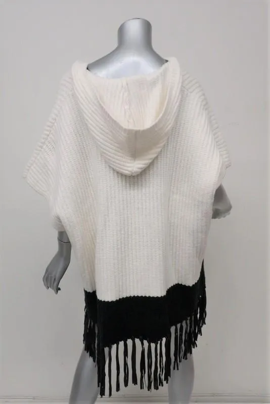 Elizabeth and James Leather-Fringe Hooded Cape Black/Ivory Size Medium/Large NEW