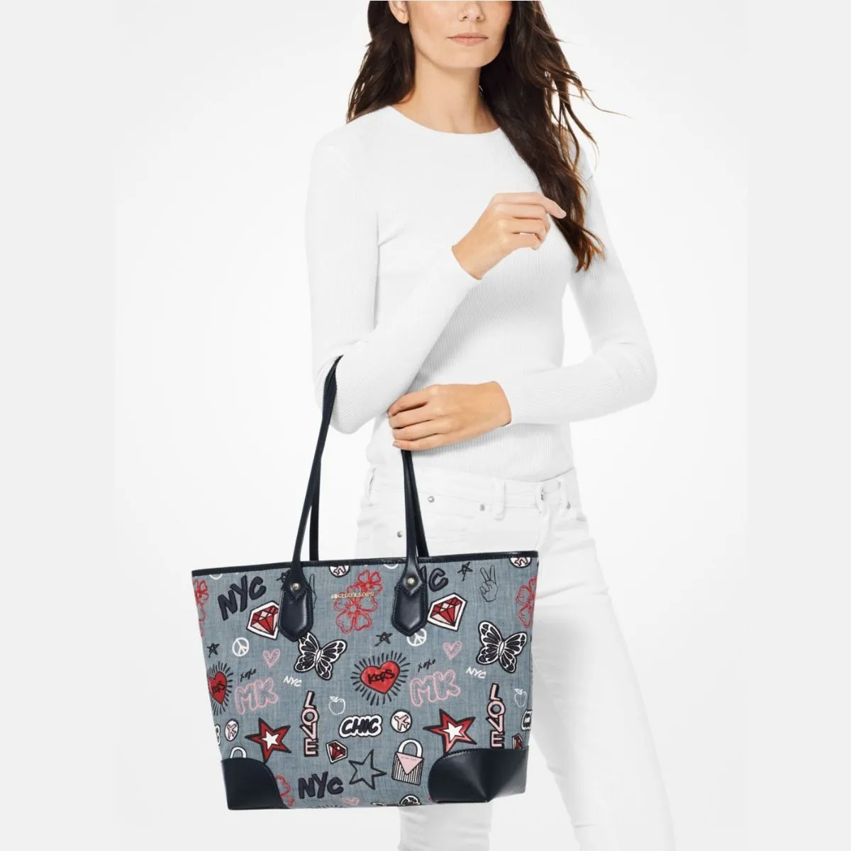 Eva Large Embroidered Denim Tote Bag