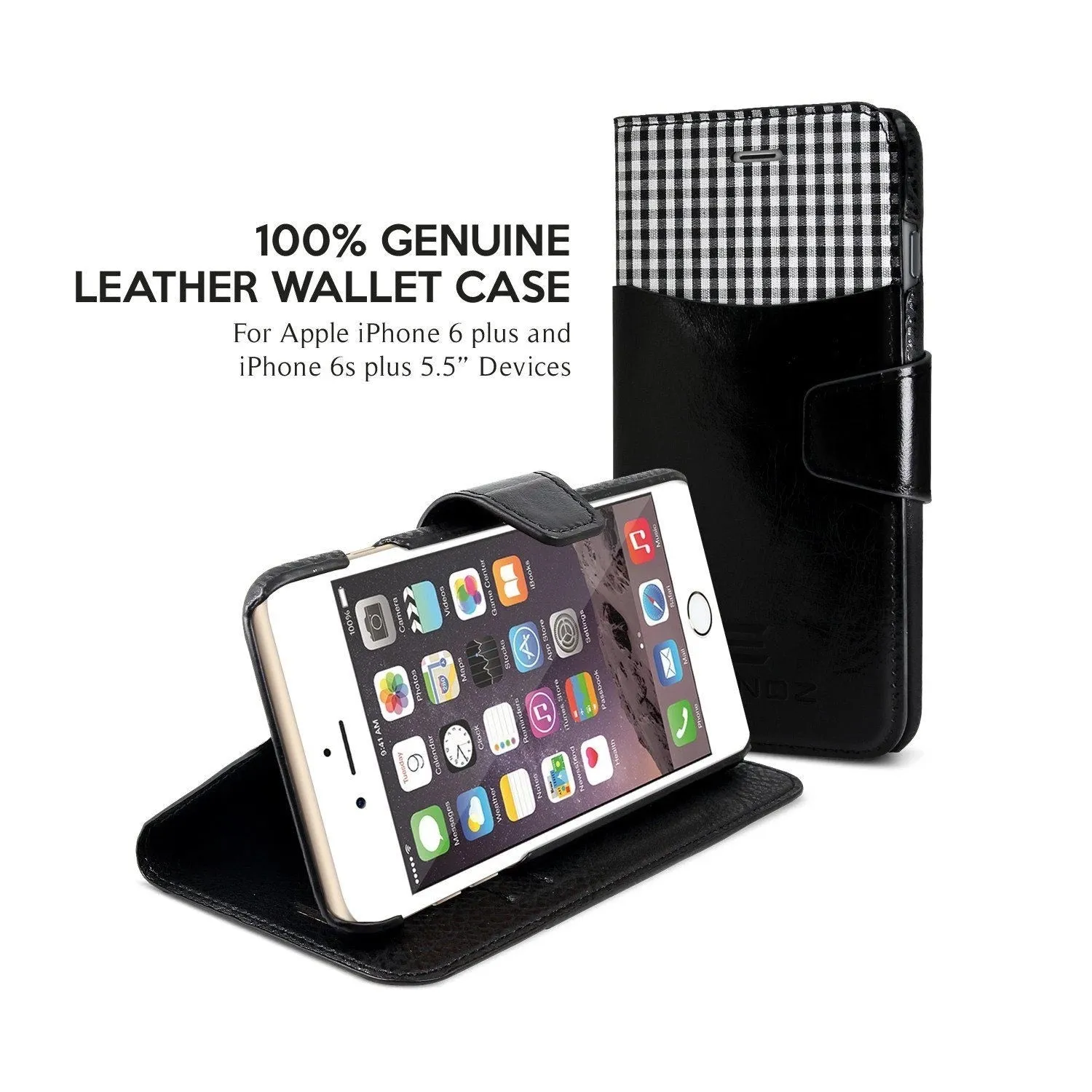 Exinoz iPhone 6S Plus Case, 100% Genuine Leather Wallet Case [BLACK] - For Apple iPhone 6 Plus and iPhone 6S Plus 5.5" Devices