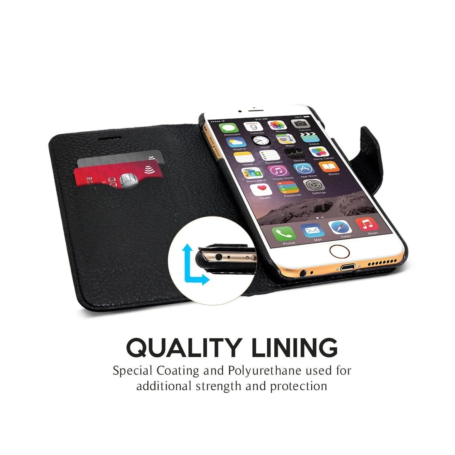 Exinoz iPhone 6S Plus Case, 100% Genuine Leather Wallet Case [BLACK] - For Apple iPhone 6 Plus and iPhone 6S Plus 5.5" Devices