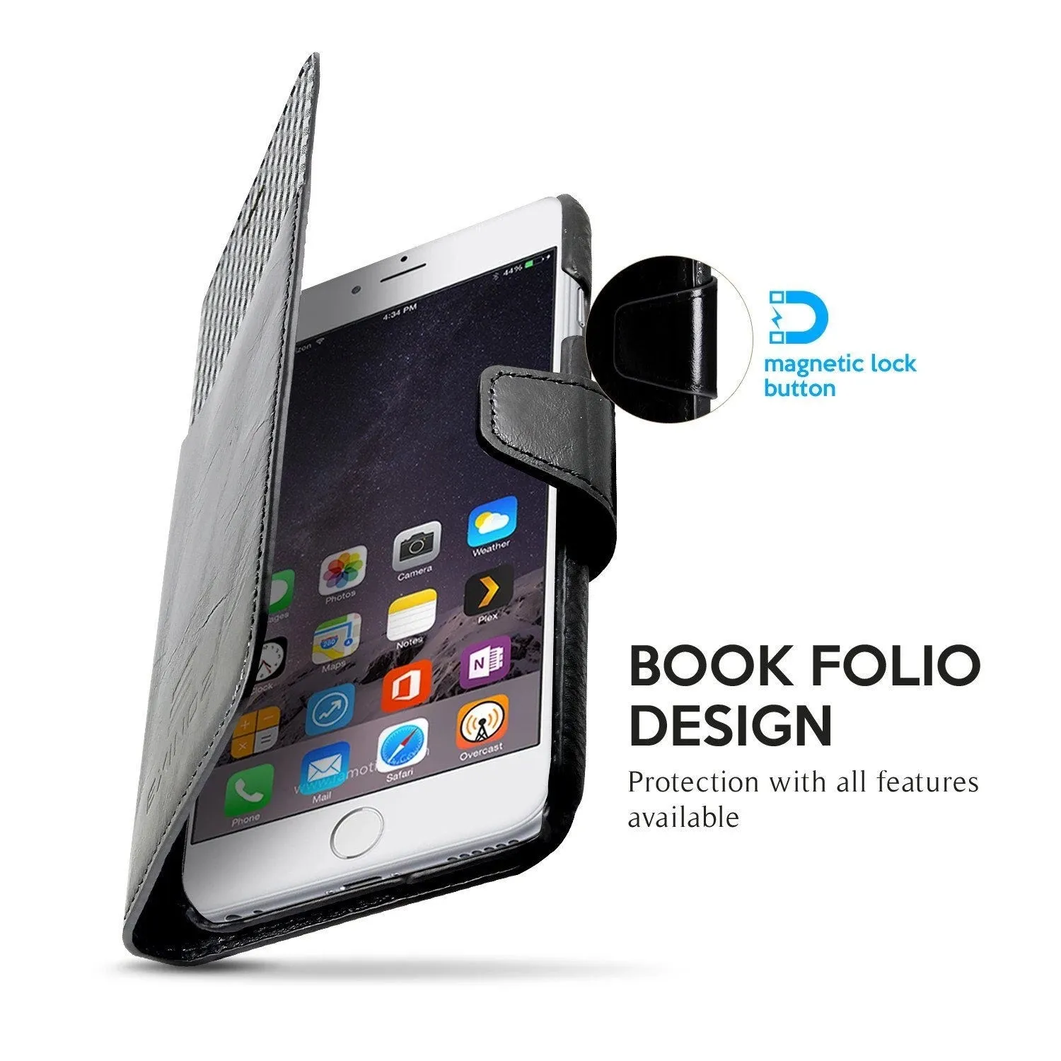 Exinoz iPhone 6S Plus Case, 100% Genuine Leather Wallet Case [BLACK] - For Apple iPhone 6 Plus and iPhone 6S Plus 5.5" Devices