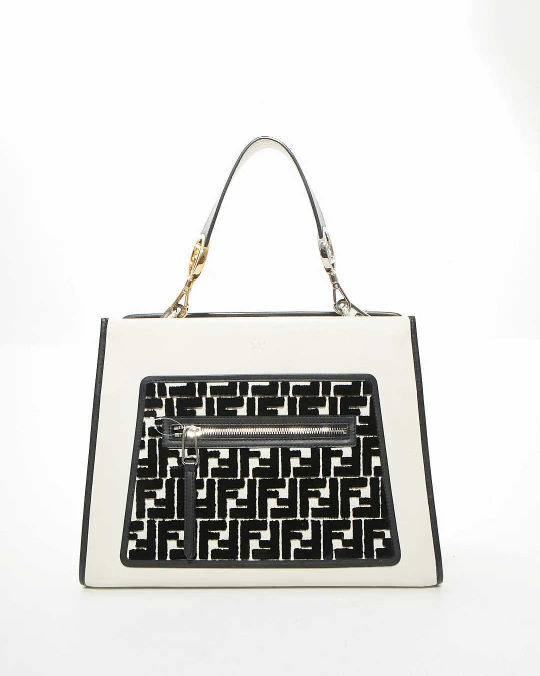 Fendi White Leather Zucca Velvet Print Runway Shopping Tote Bag