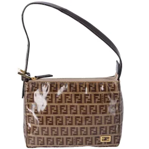 FENDI Zucchino Baguette Shoulder Bag Beige Dark Brown Coated Canvas