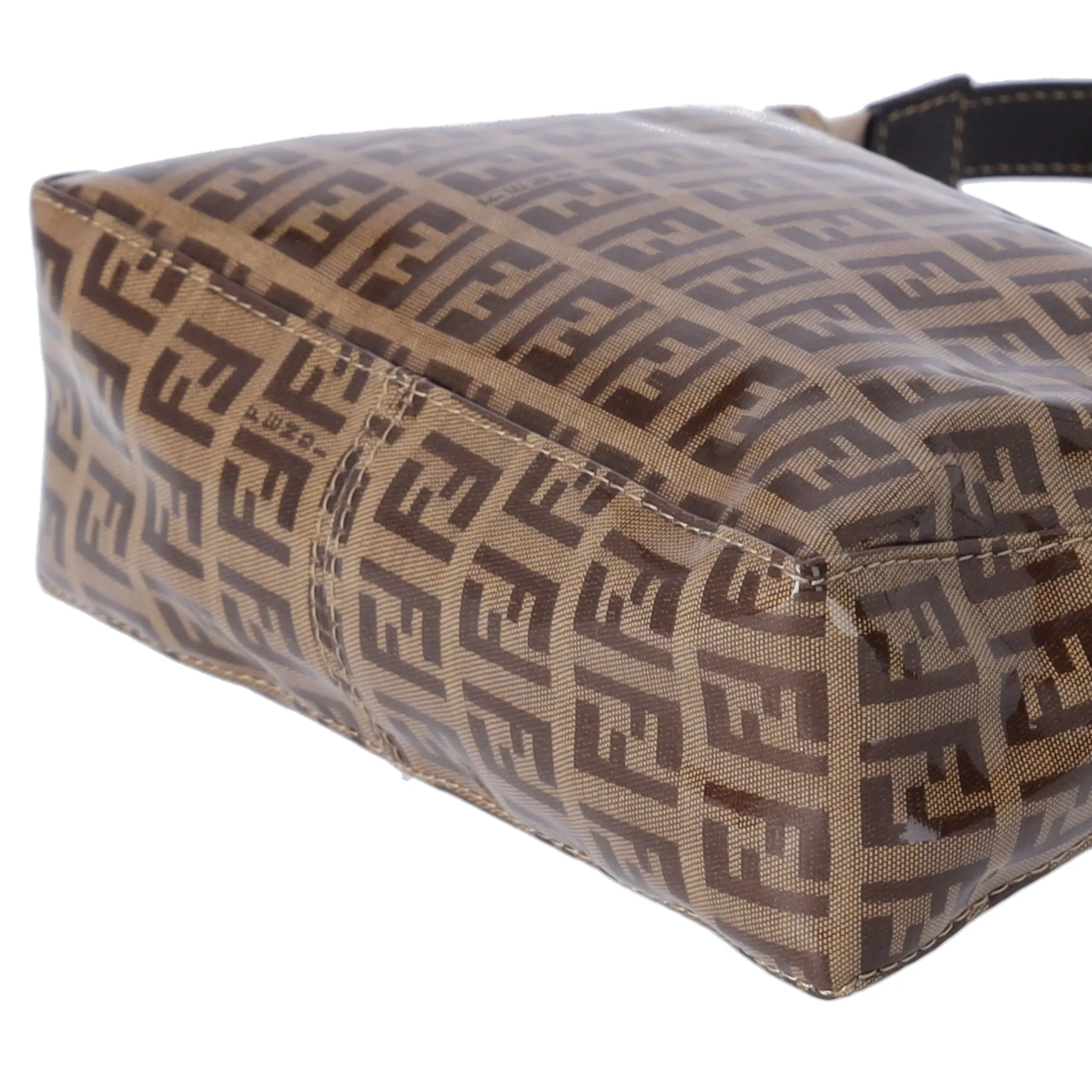FENDI Zucchino Baguette Shoulder Bag Beige Dark Brown Coated Canvas