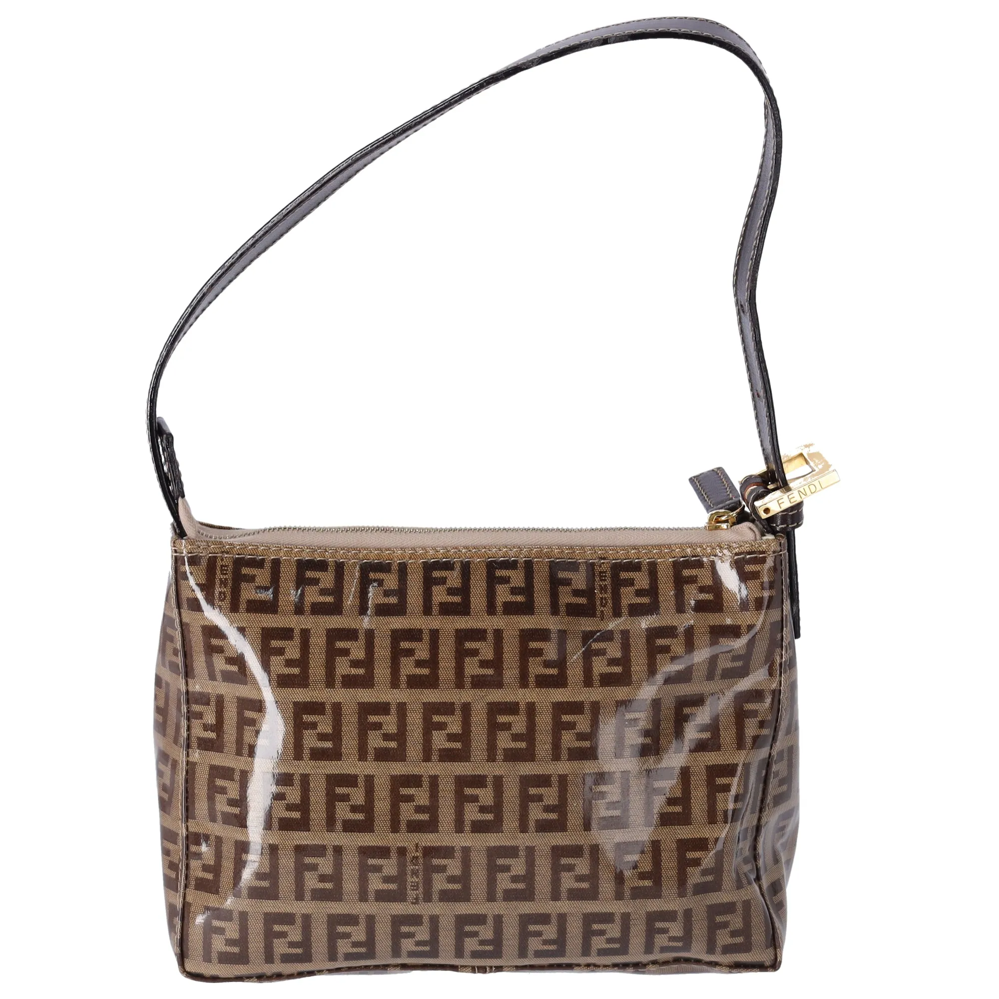 FENDI Zucchino Baguette Shoulder Bag Beige Dark Brown Coated Canvas