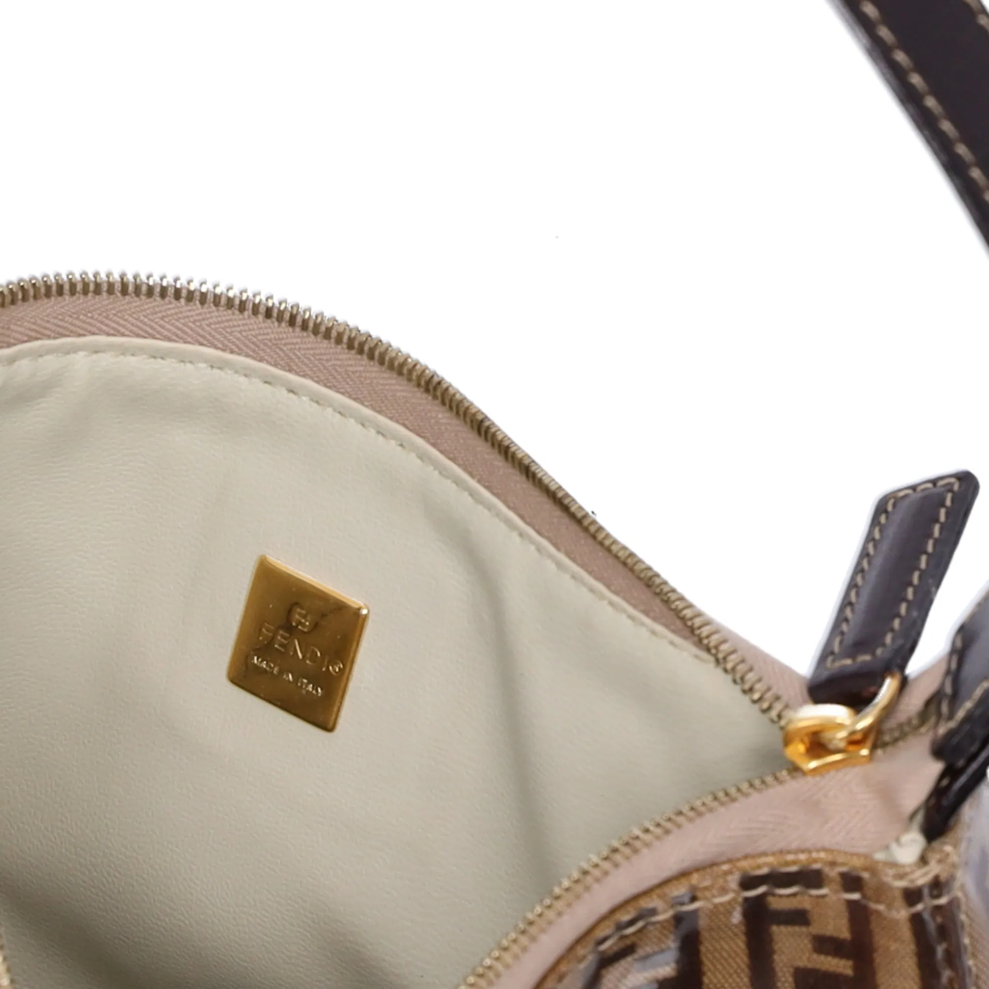 FENDI Zucchino Baguette Shoulder Bag Beige Dark Brown Coated Canvas
