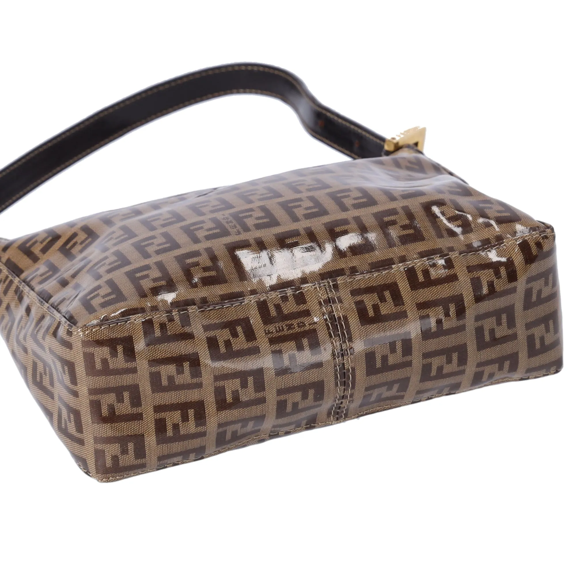 FENDI Zucchino Baguette Shoulder Bag Beige Dark Brown Coated Canvas