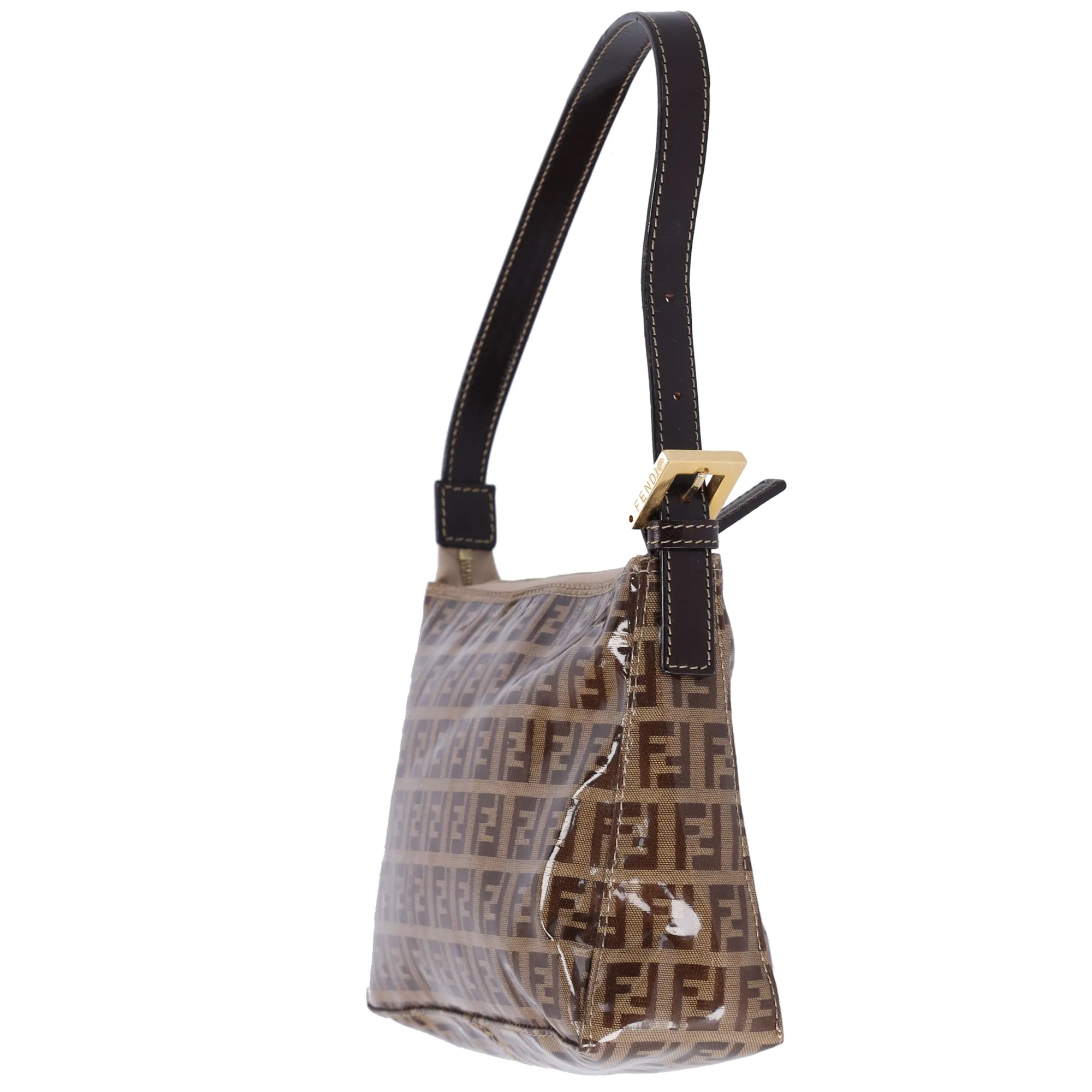 FENDI Zucchino Baguette Shoulder Bag Beige Dark Brown Coated Canvas