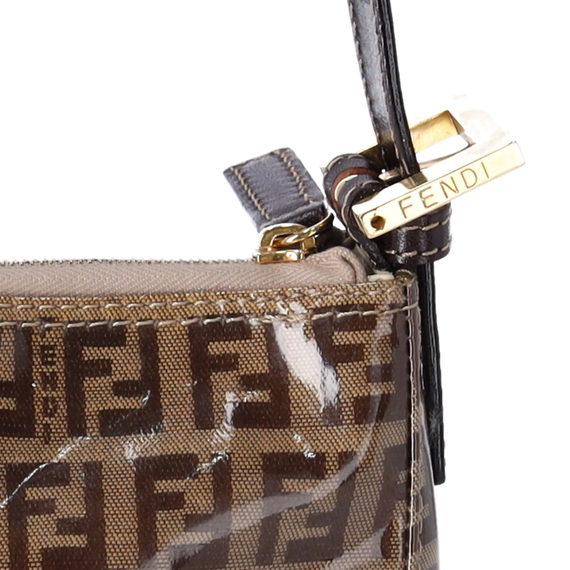 FENDI Zucchino Baguette Shoulder Bag Beige Dark Brown Coated Canvas
