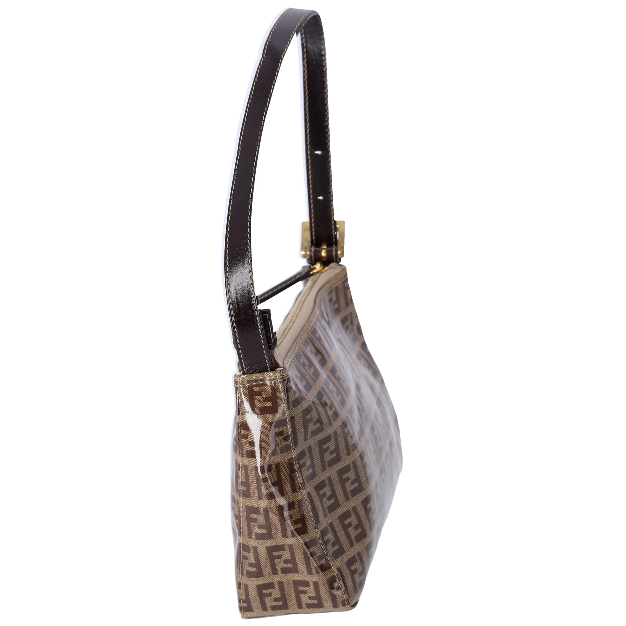 FENDI Zucchino Baguette Shoulder Bag Beige Dark Brown Coated Canvas