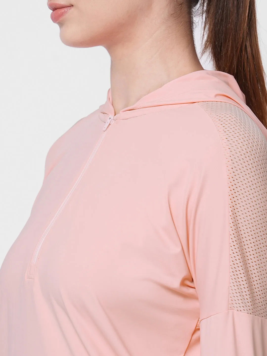 Fitkin women Pink front zipper hooded top with back mesh panel
