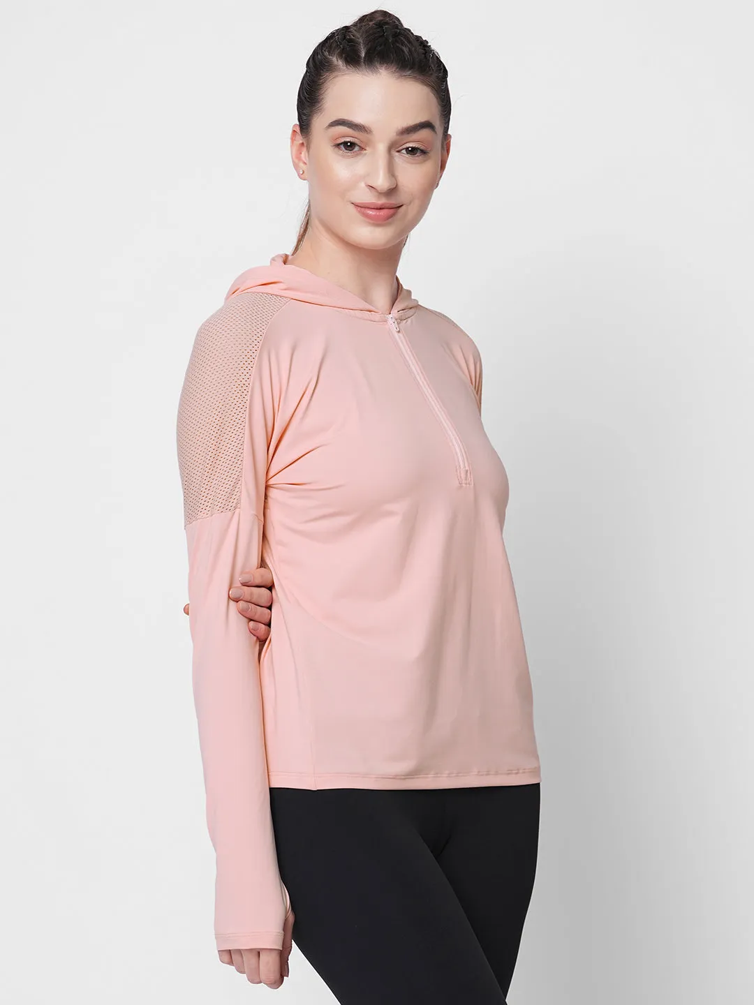 Fitkin women Pink front zipper hooded top with back mesh panel