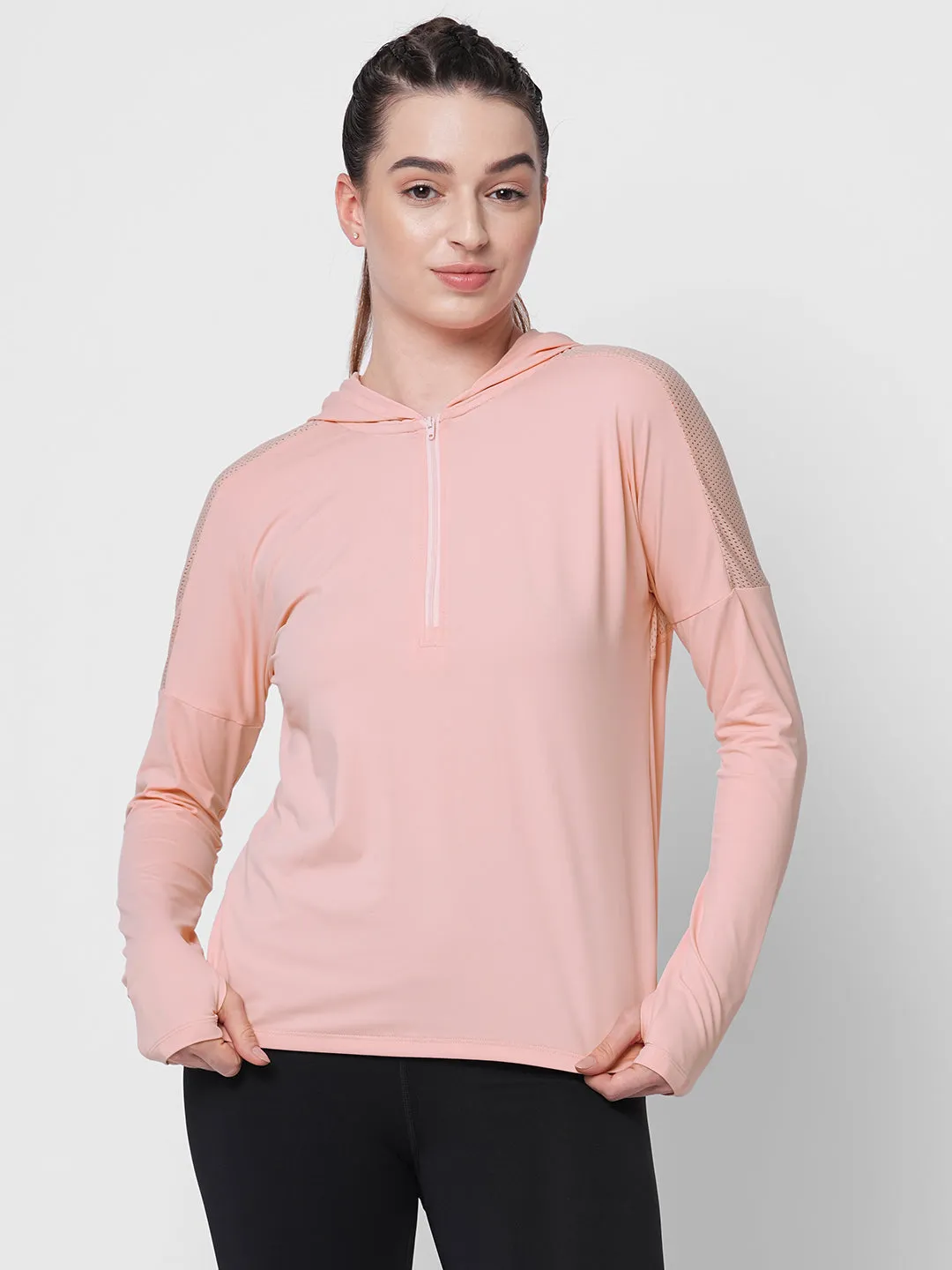 Fitkin women Pink front zipper hooded top with back mesh panel