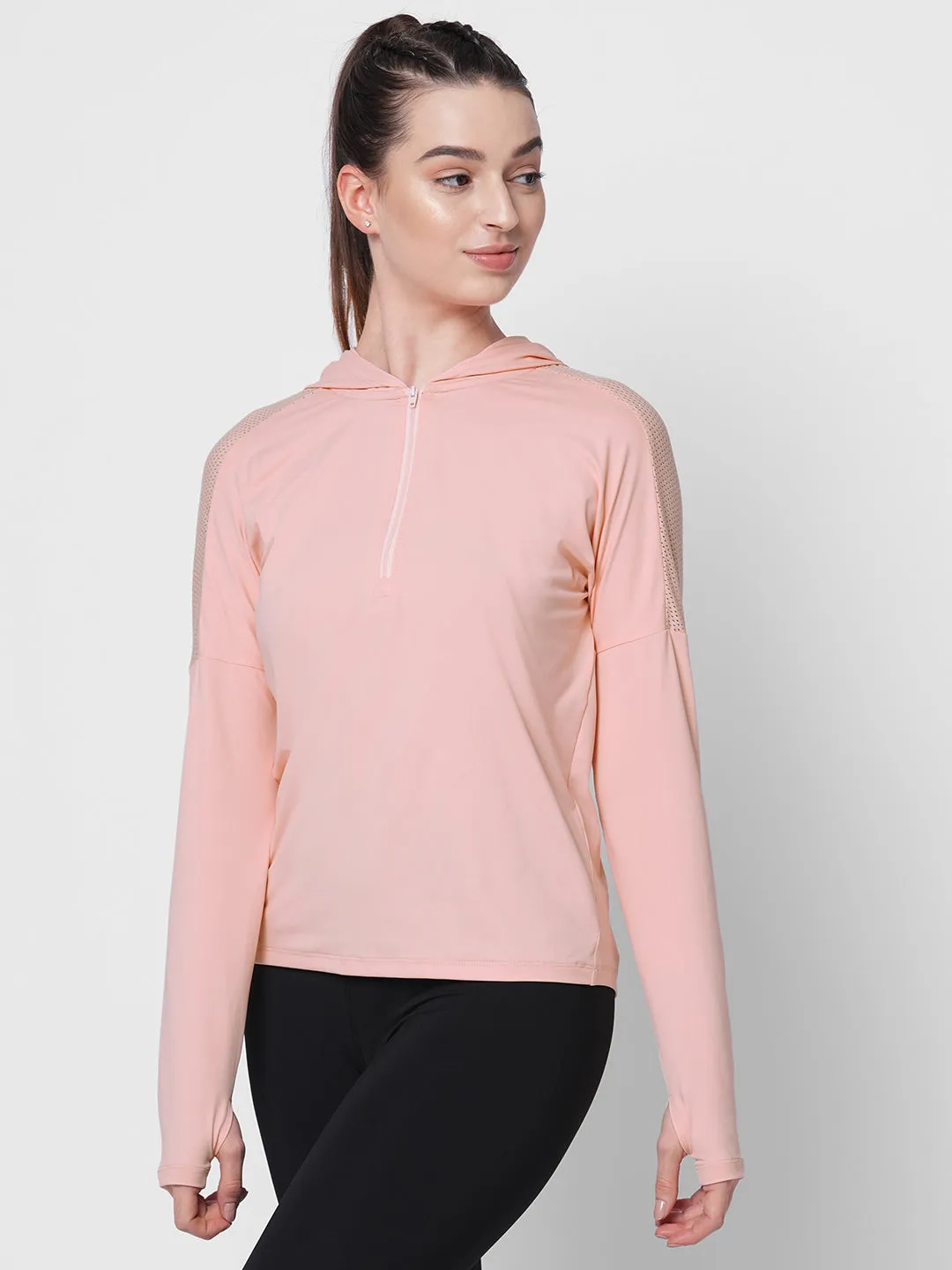 Fitkin women Pink front zipper hooded top with back mesh panel