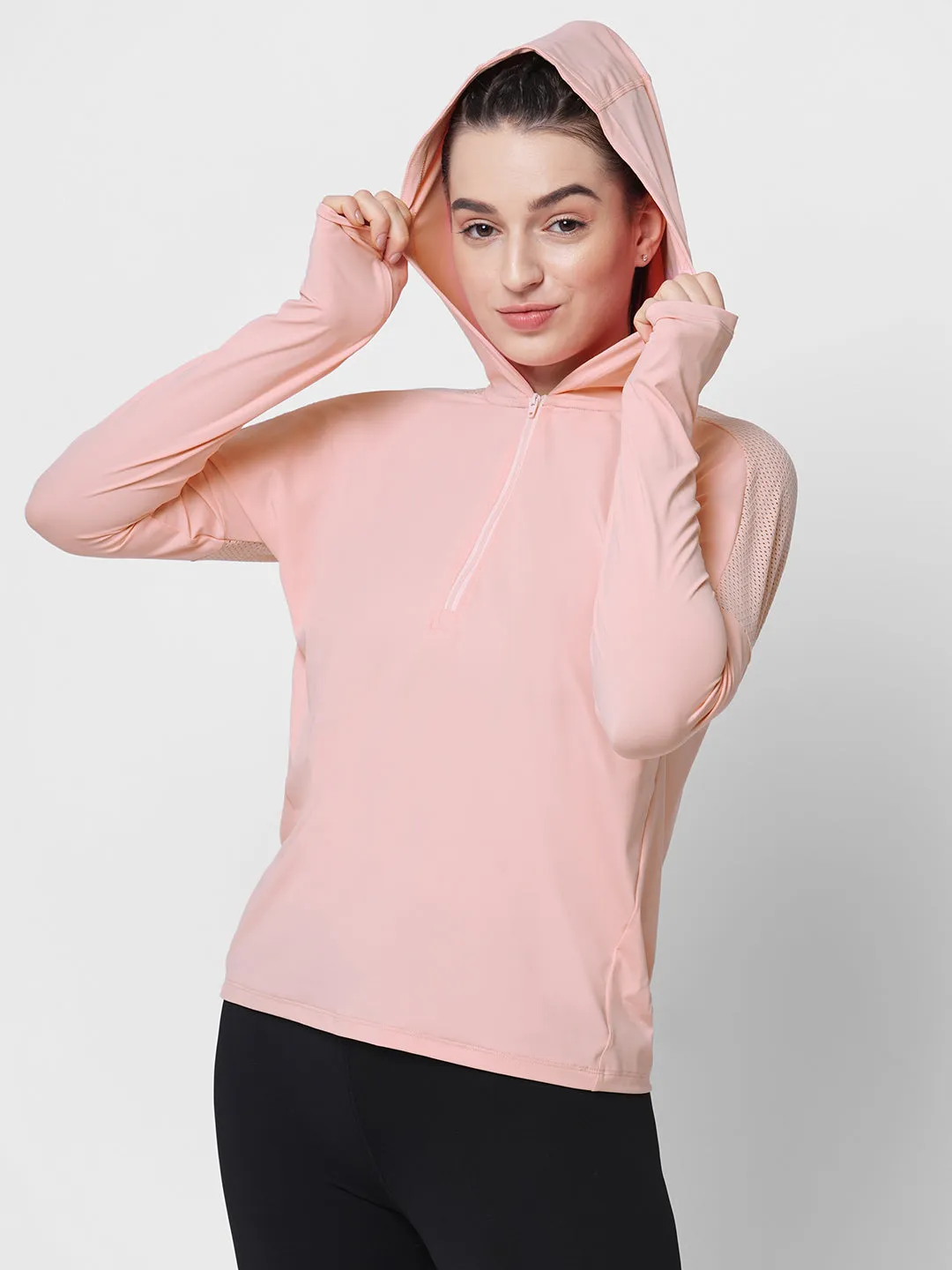Fitkin women Pink front zipper hooded top with back mesh panel