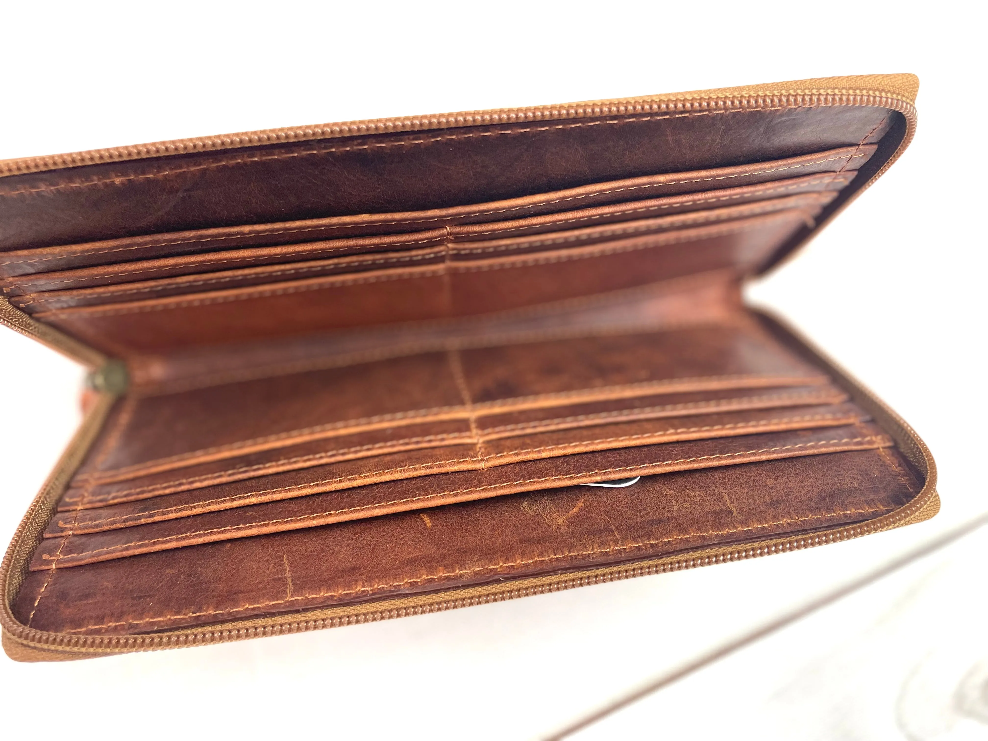 Floral Tooled Leather Buckstitch Zipper Wallet