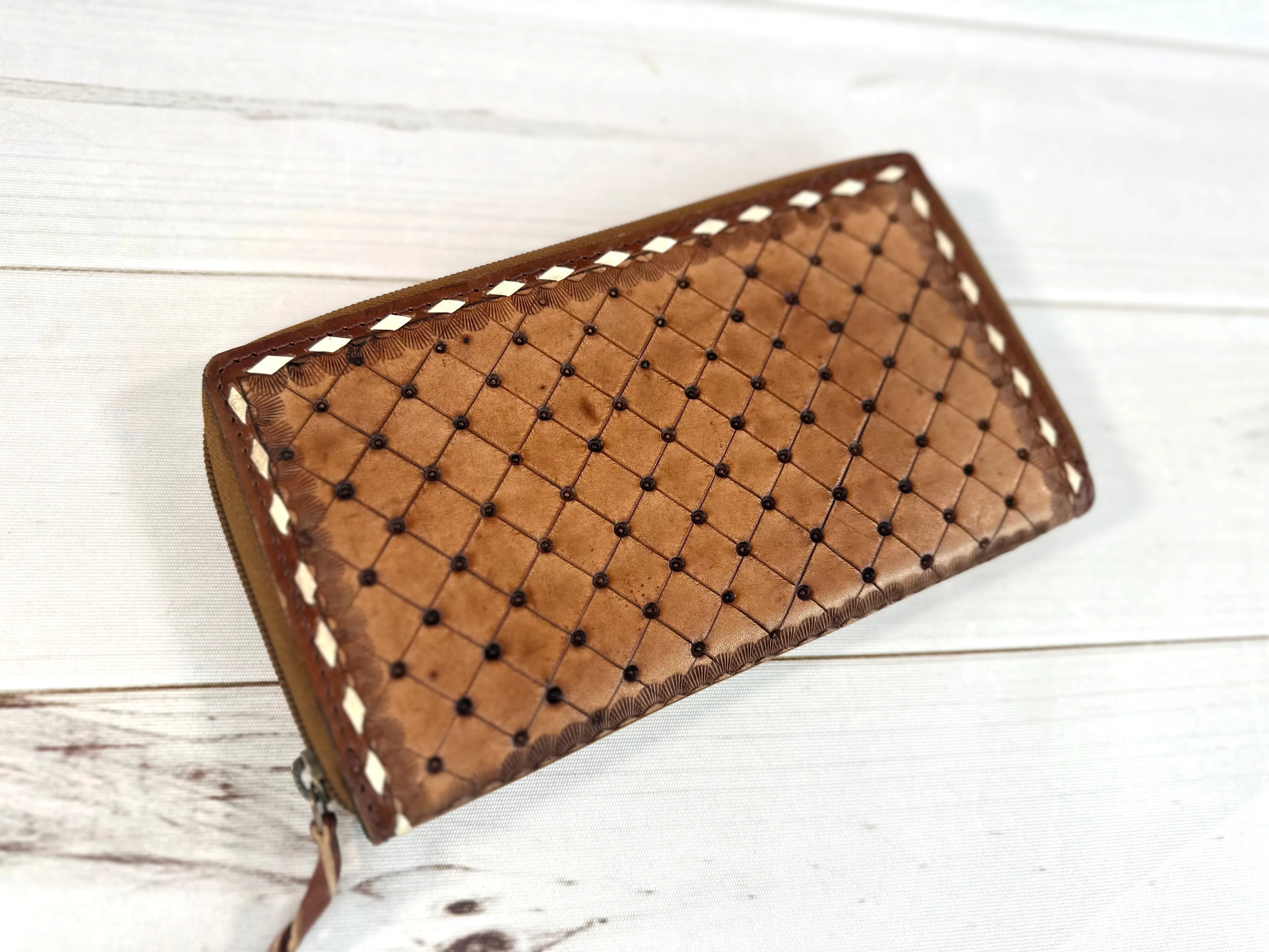 Floral Tooled Leather Buckstitch Zipper Wallet