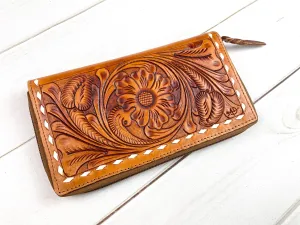 Floral Tooled Leather Buckstitch Zipper Wallet