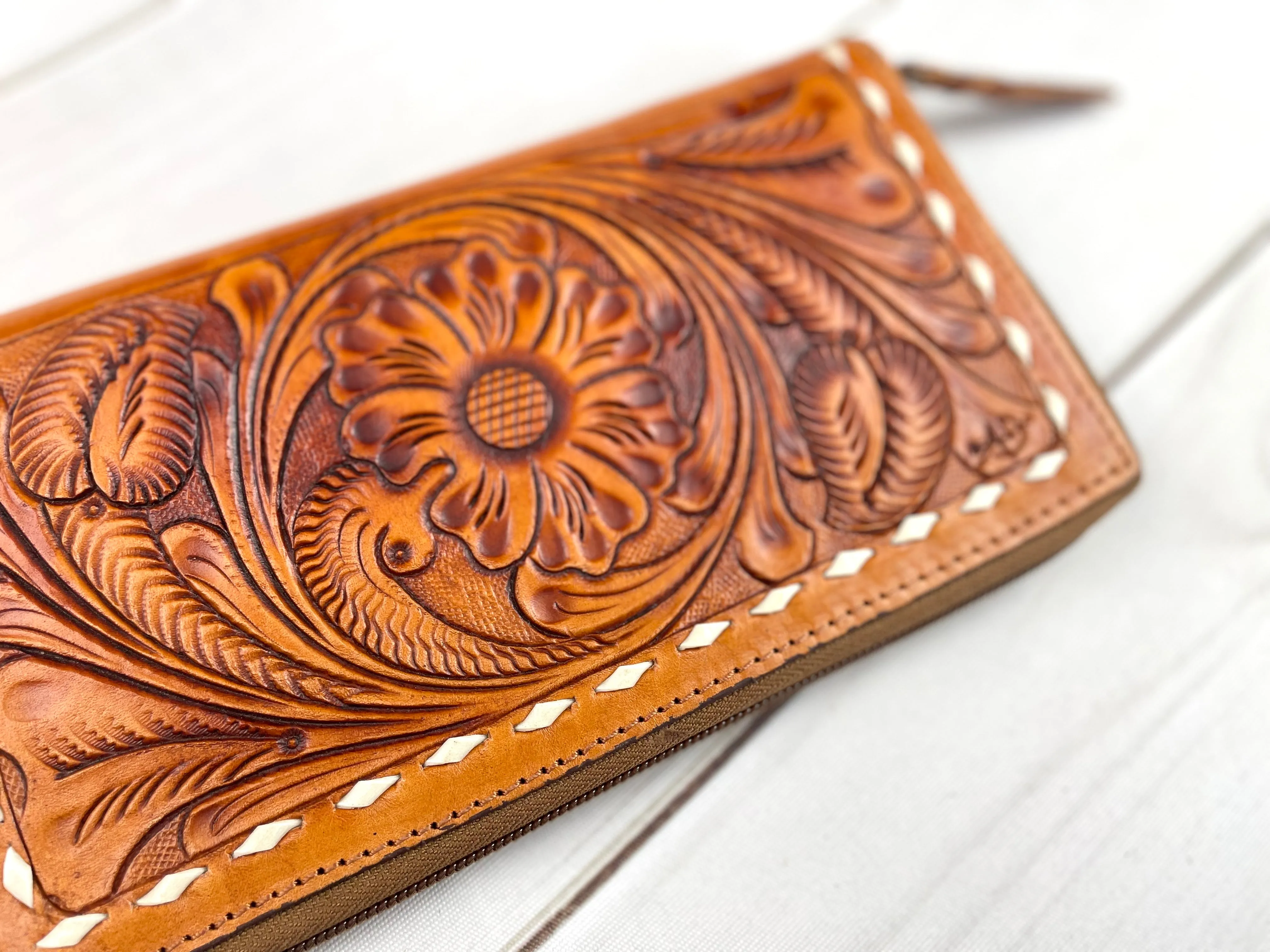 Floral Tooled Leather Buckstitch Zipper Wallet