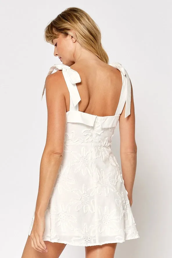FLOWER TEXTURE DRESS WITH RIBBON SHOULDER TIES