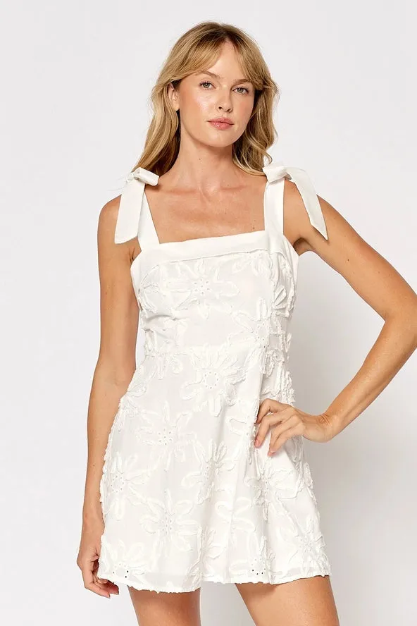 FLOWER TEXTURE DRESS WITH RIBBON SHOULDER TIES