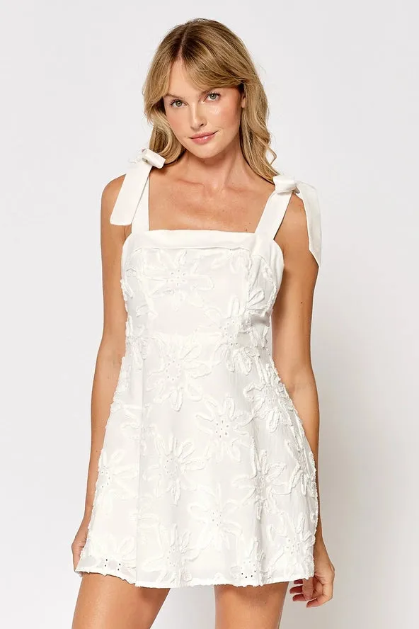 FLOWER TEXTURE DRESS WITH RIBBON SHOULDER TIES