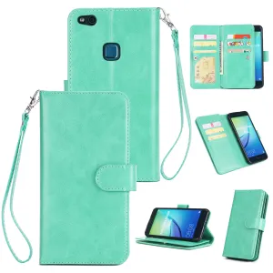 For HUAWEI P10 Lite Leather Protective Phone Case with 9 Card Position Buckle Bracket Lanyard Mint color