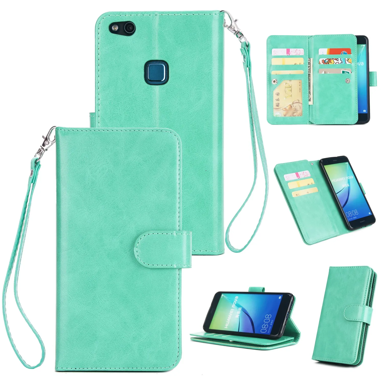 For HUAWEI P10 Lite Leather Protective Phone Case with 9 Card Position Buckle Bracket Lanyard Mint color