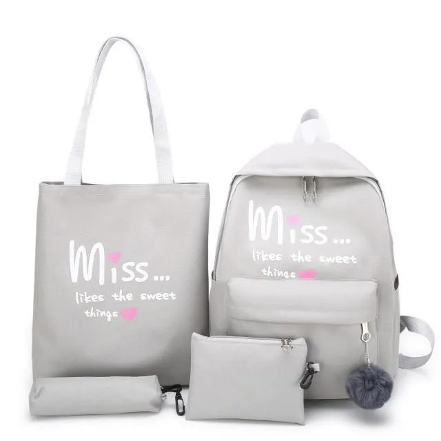 Four(4)Pcs Set Nylon School Bag for Teenager Girls