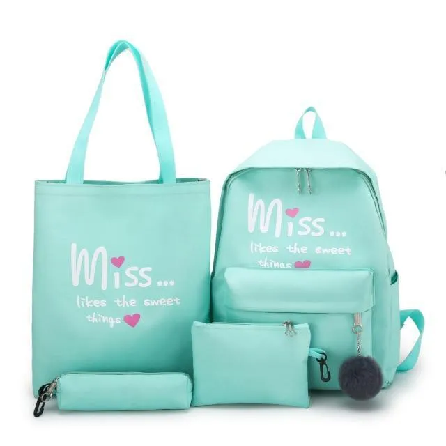 Four(4)Pcs Set Nylon School Bag for Teenager Girls