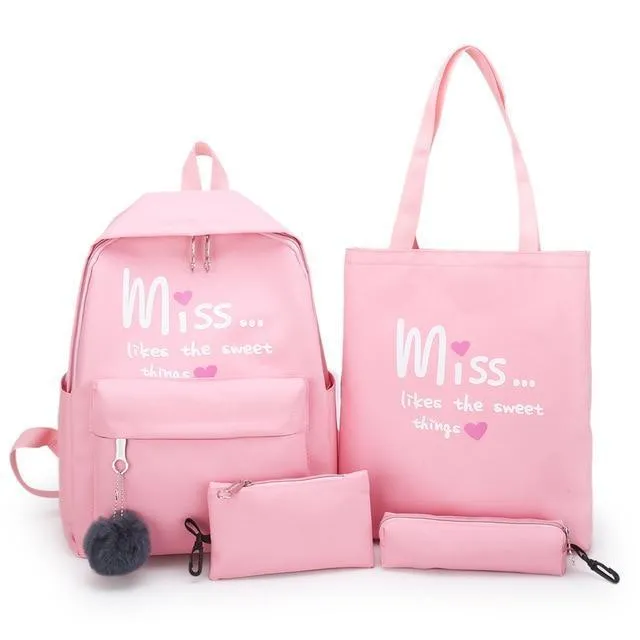 Four(4)Pcs Set Nylon School Bag for Teenager Girls
