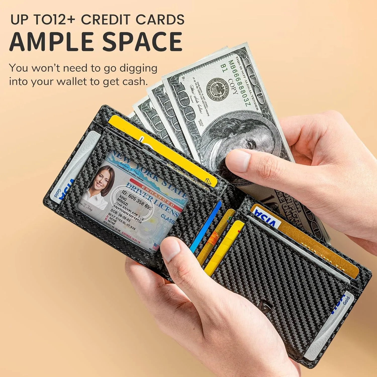 Genuine Leather Carbon Fiber Wallet Rfid Blocking Bifold Wallet For Men