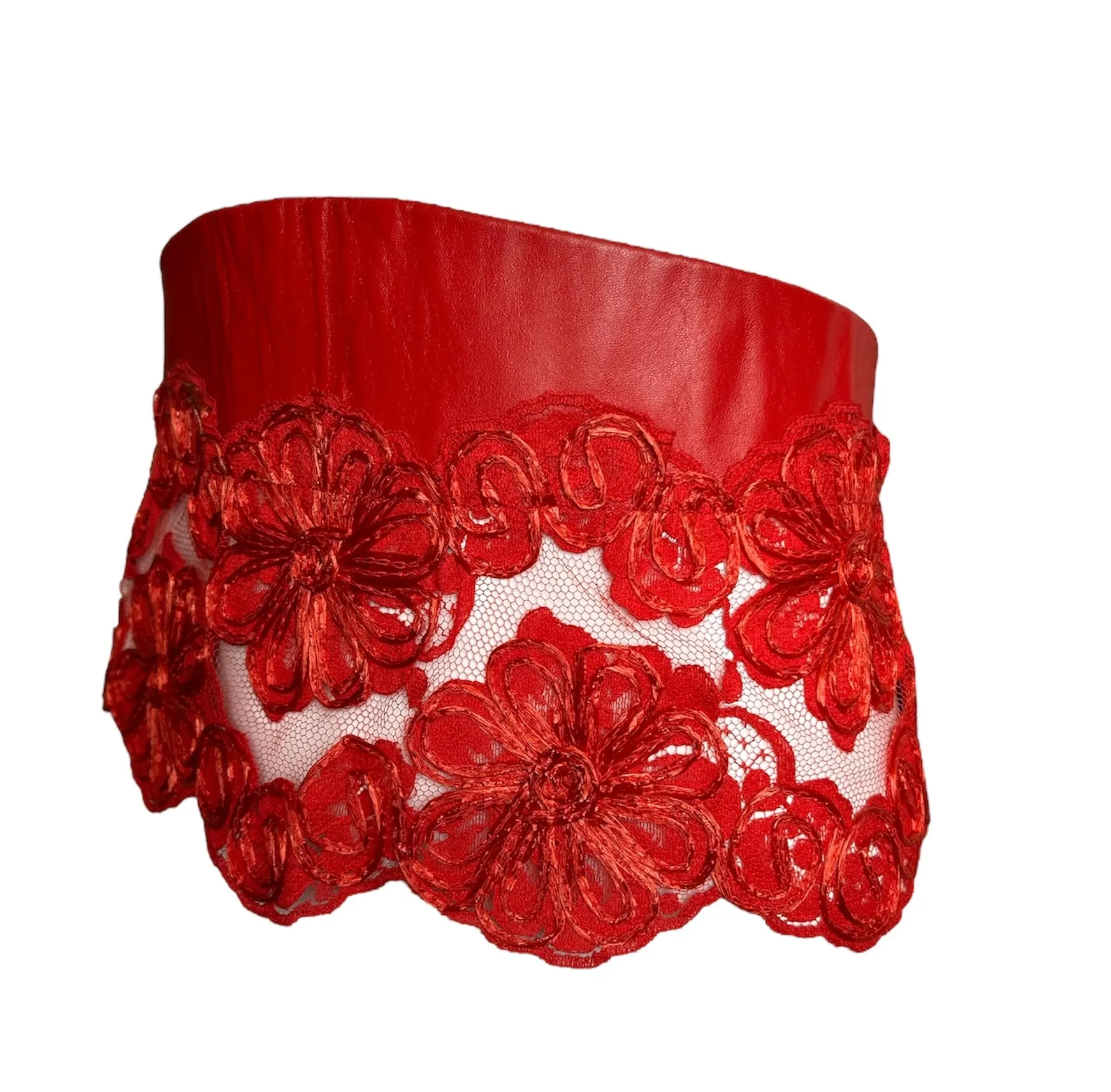 Geoffrey Beene '80s Red Leather and Raffia Floral Peplum Belt