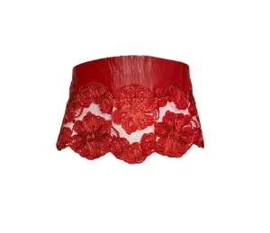 Geoffrey Beene '80s Red Leather and Raffia Floral Peplum Belt