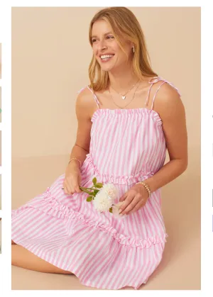 Girls Ruffle Trimmed Poplin Stripe Dress - PINK
