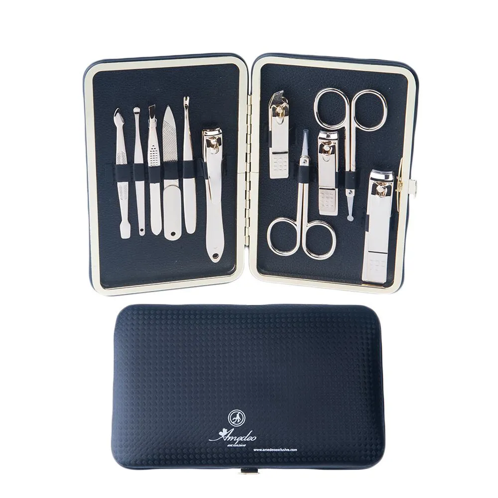 Gold Plating Black Leather Mens Manicure Pedicure Kit - 11 piece Grooming Kit with travel Case