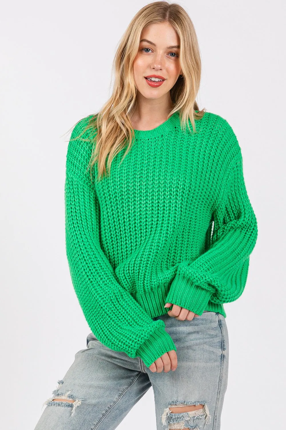 Green Round Neck Drop Shoulder Sweater