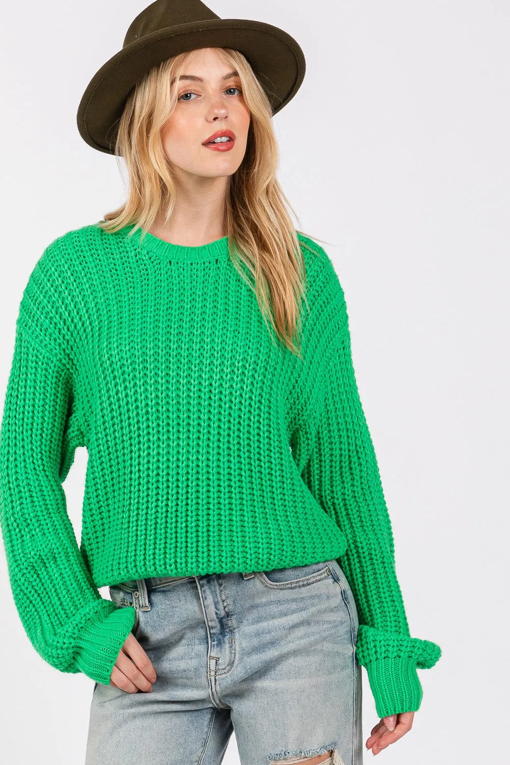 Green Round Neck Drop Shoulder Sweater