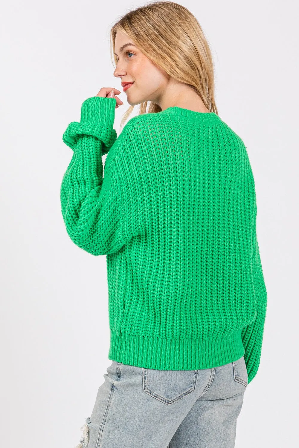 Green Round Neck Drop Shoulder Sweater