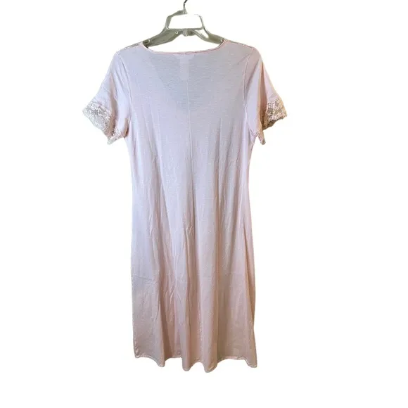 Hanro Pink Lace Trim Nightgown Short Sleeves V Neck Medium