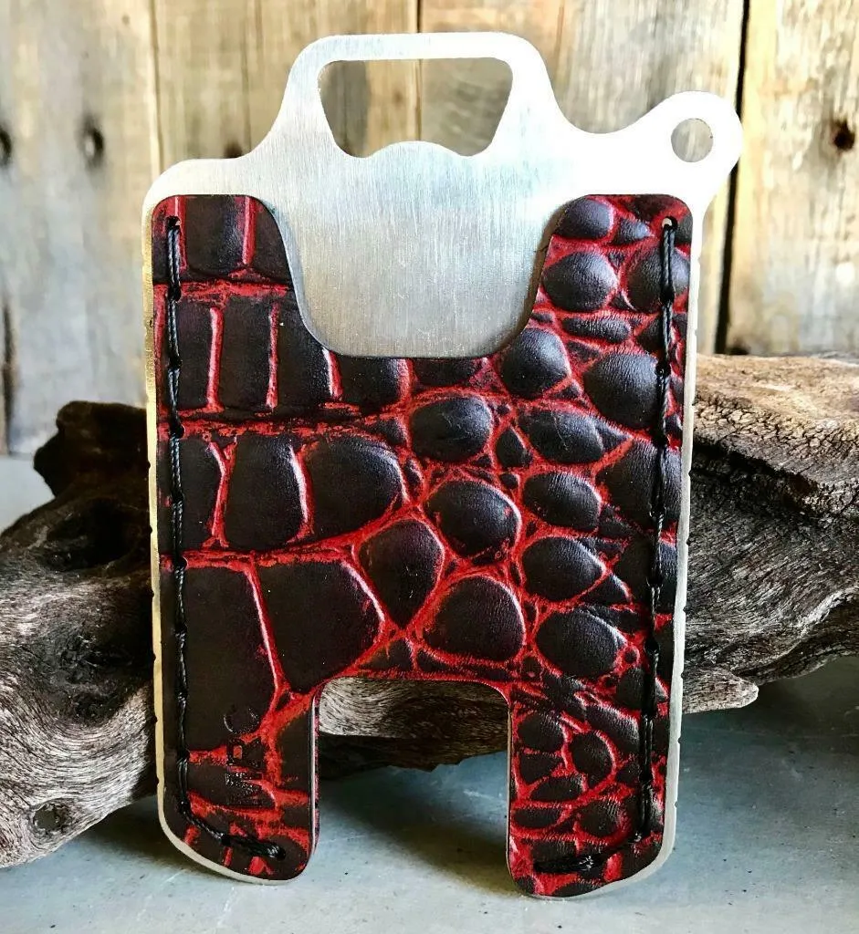 Hawk One Minimalist Men's Women's Ant Red Gator Leather Stainless Steel Wallet