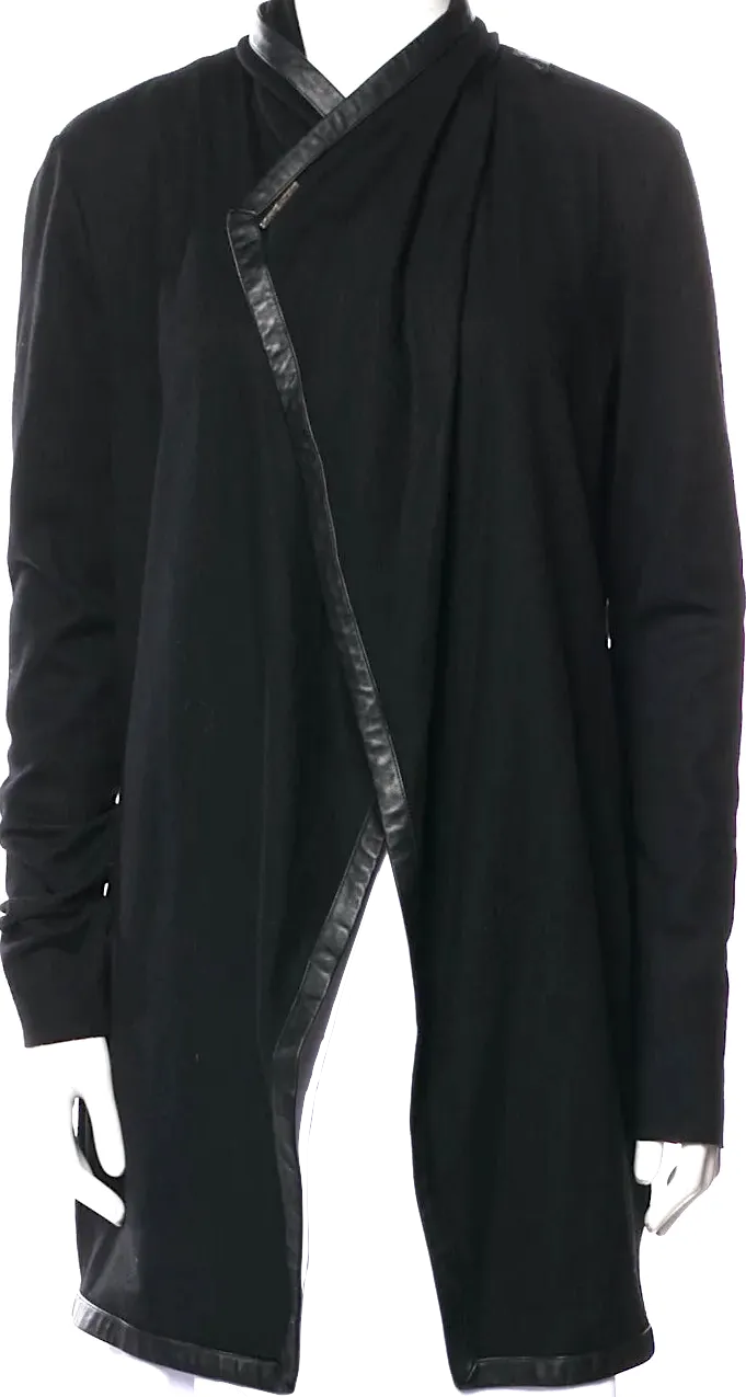 HELMUT LANG. Black Wool Leather Trim Asymmetrical Jacket